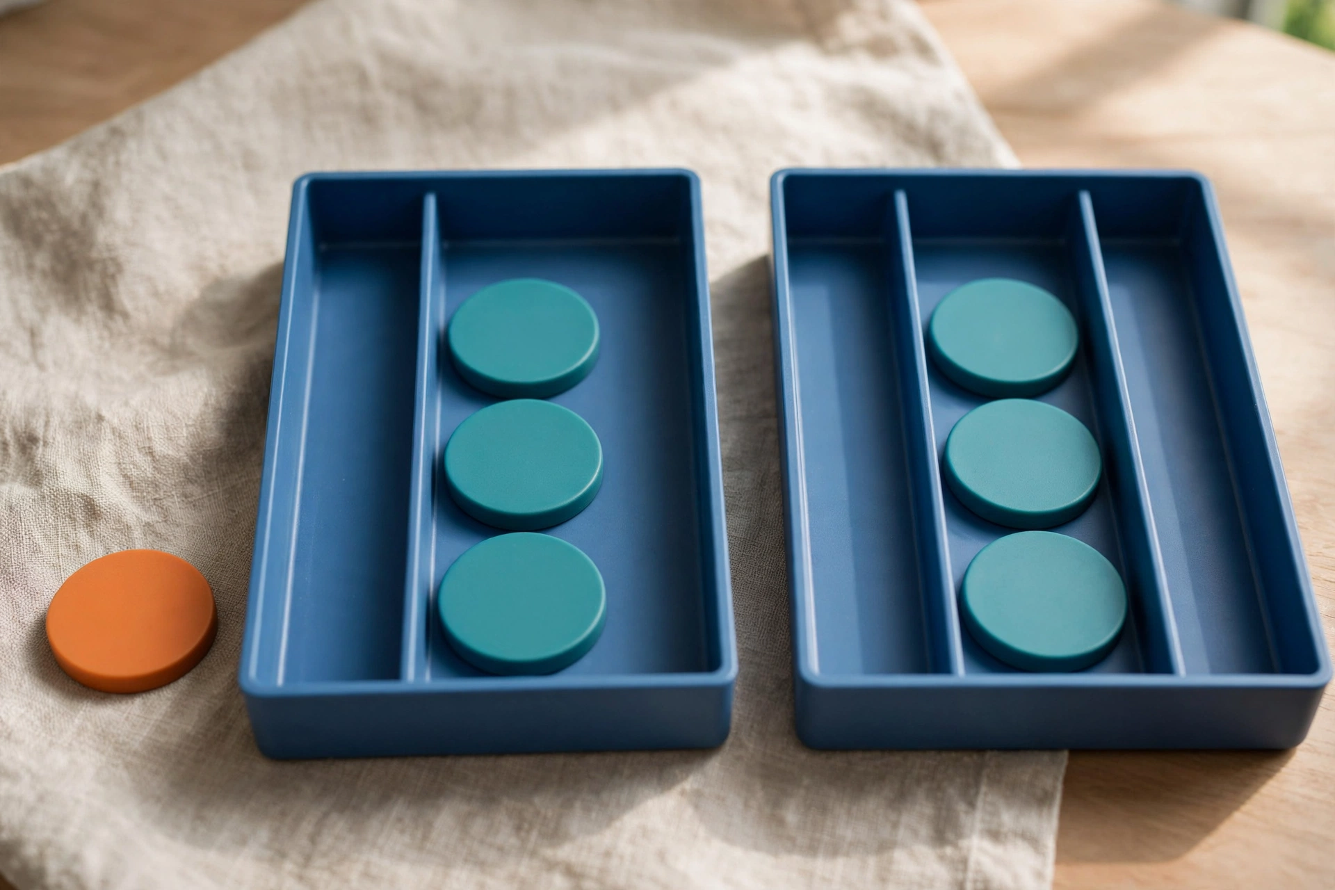 Two blue sorting trays with teal tokens sit on a neutral cloth next to an orange token, representing billing control.