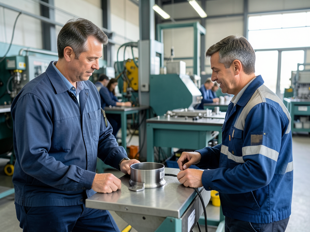 Two men in a factory work cell inspect a metal component on a table, with other workers in the background.