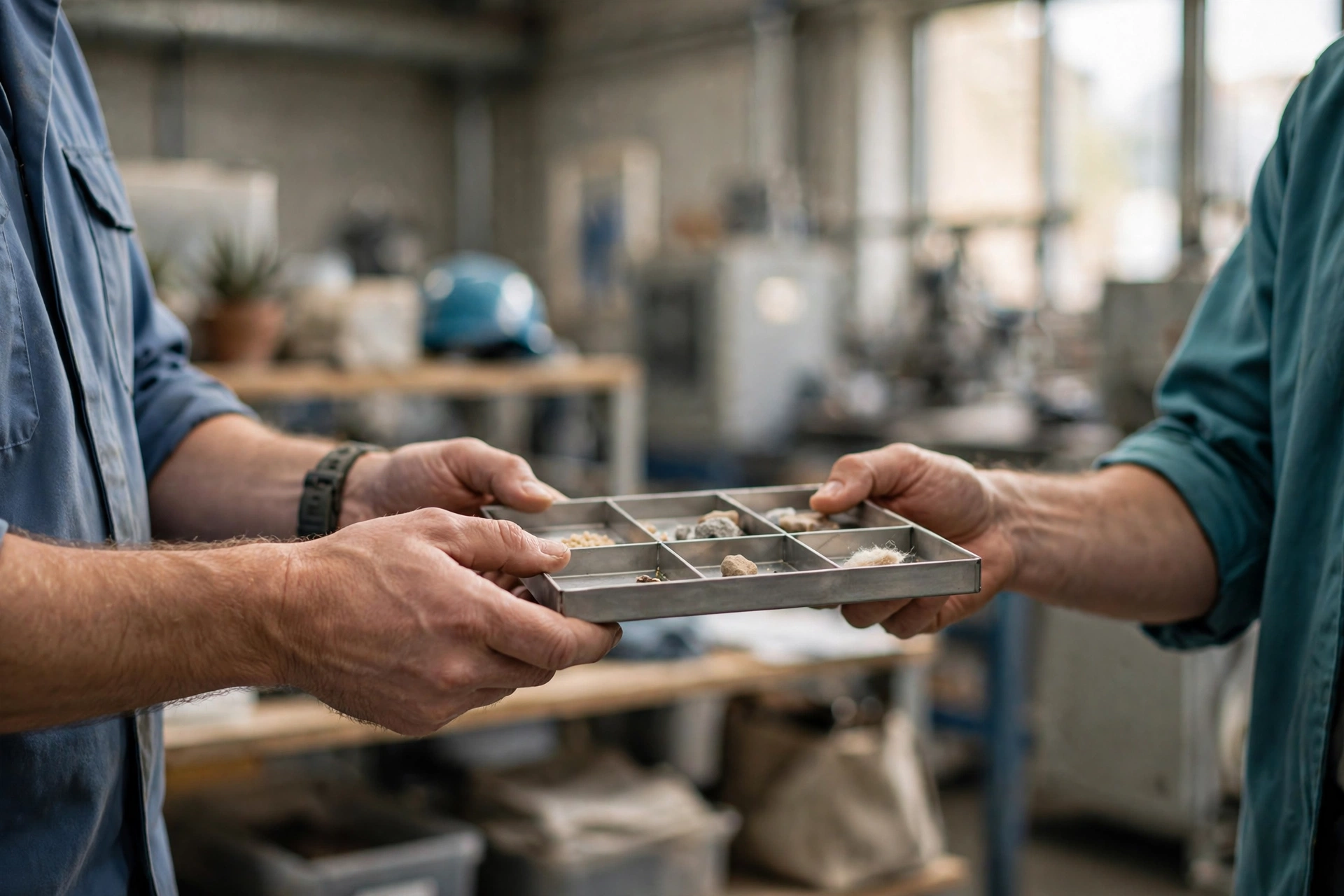 Two men in a workshop are exchanging a metal tray with nine compartments containing various materials.