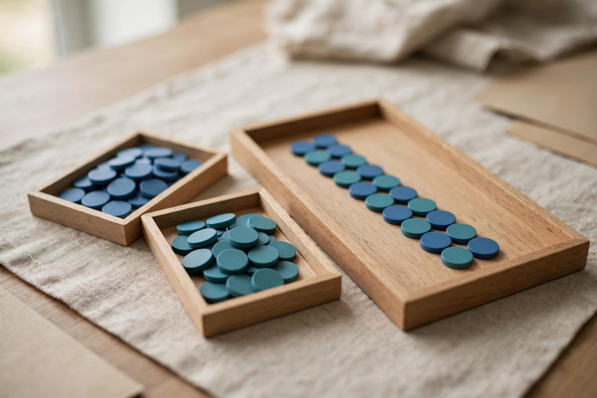 Two small wooden trays hold blue and teal tokens, with a larger tray showing a combined sequence of both colors.