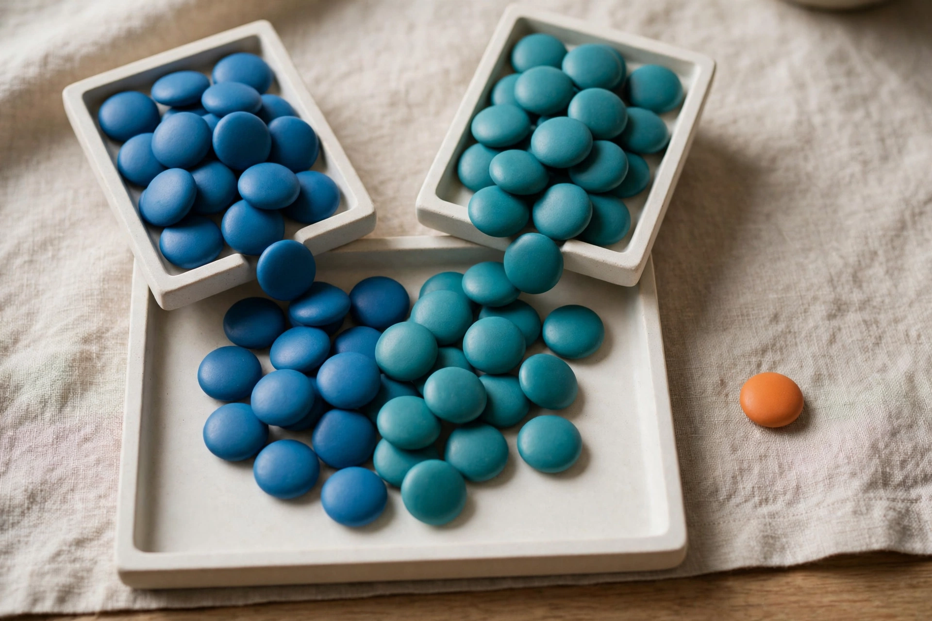 Two rectangular trays of blue and teal tokens are shown converging into a single larger tray, with one orange token isolated to the side.
