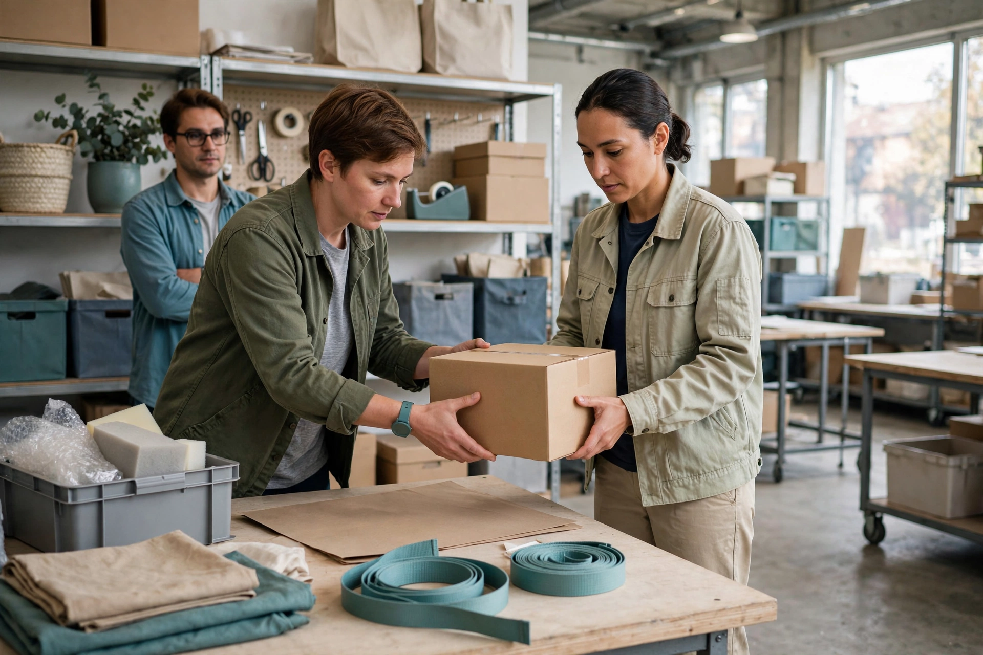 Two women and a man coordinate a physical handoff of a cardboard box in a bright studio with shelves and tables.