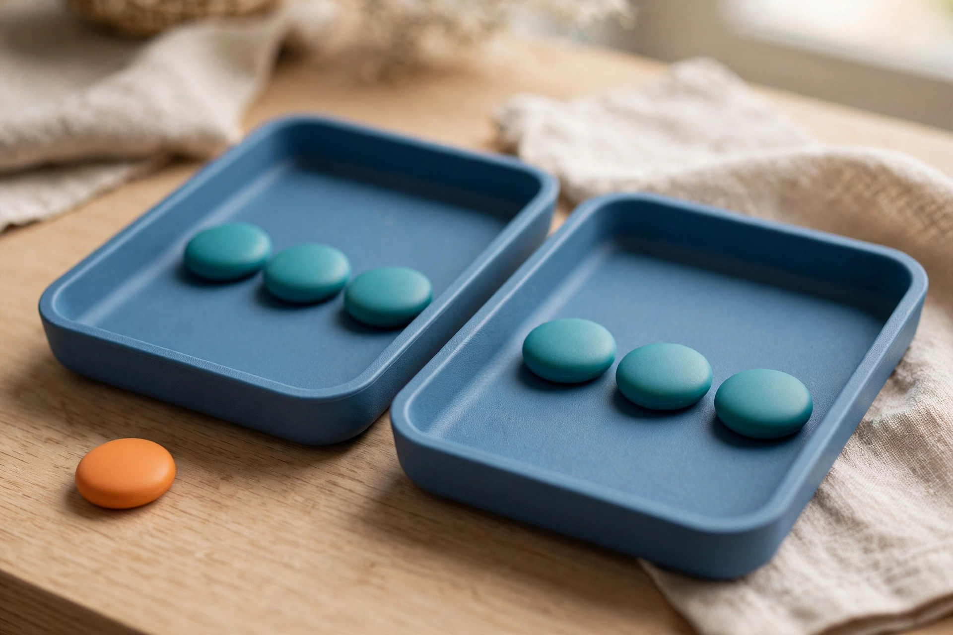 Two blue sorting trays hold teal tokens, with an orange token placed outside the left tray on a wooden surface.