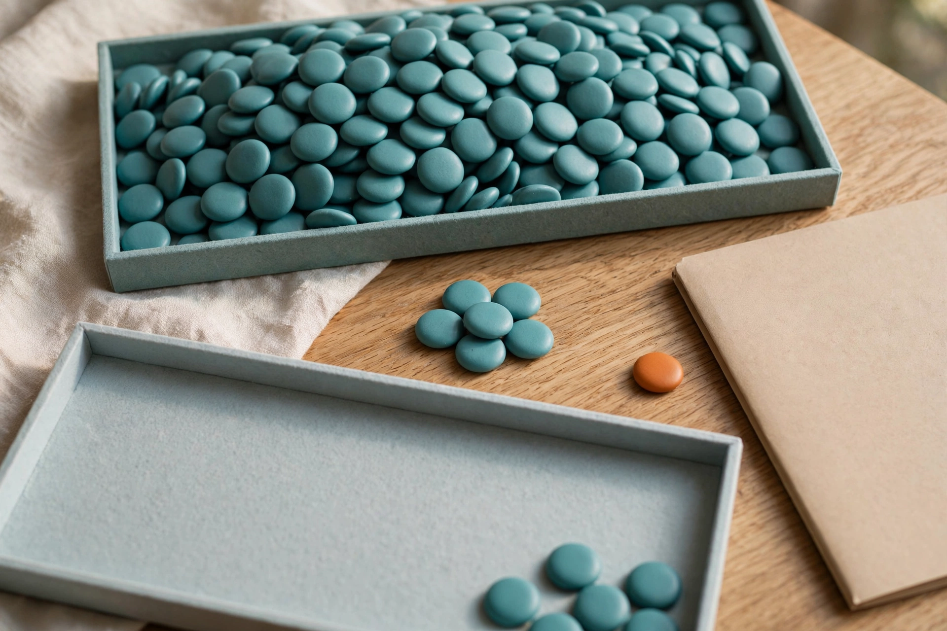 A still life arrangement of teal tokens in trays and an orange token beside a closed folder on a wooden desk.