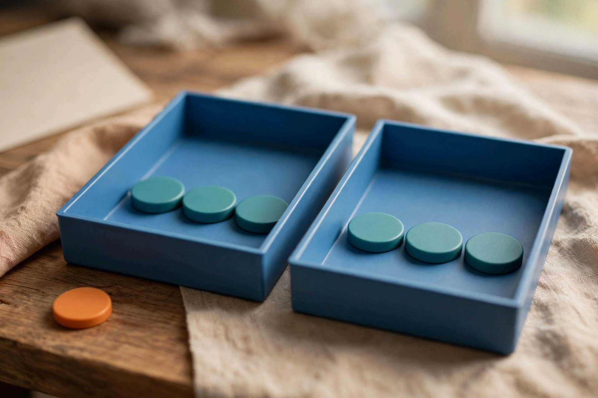 Two blue sorting trays hold teal tokens, with an orange token placed beside the left tray on a wooden surface.