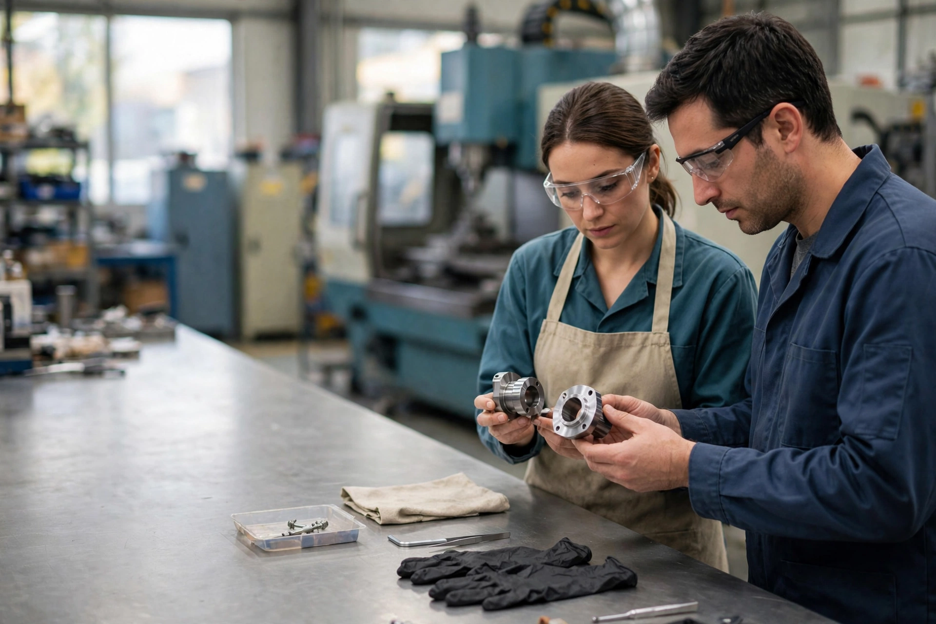 A man and a woman in safety glasses compare two metal components at a workbench in a manufacturing facility.