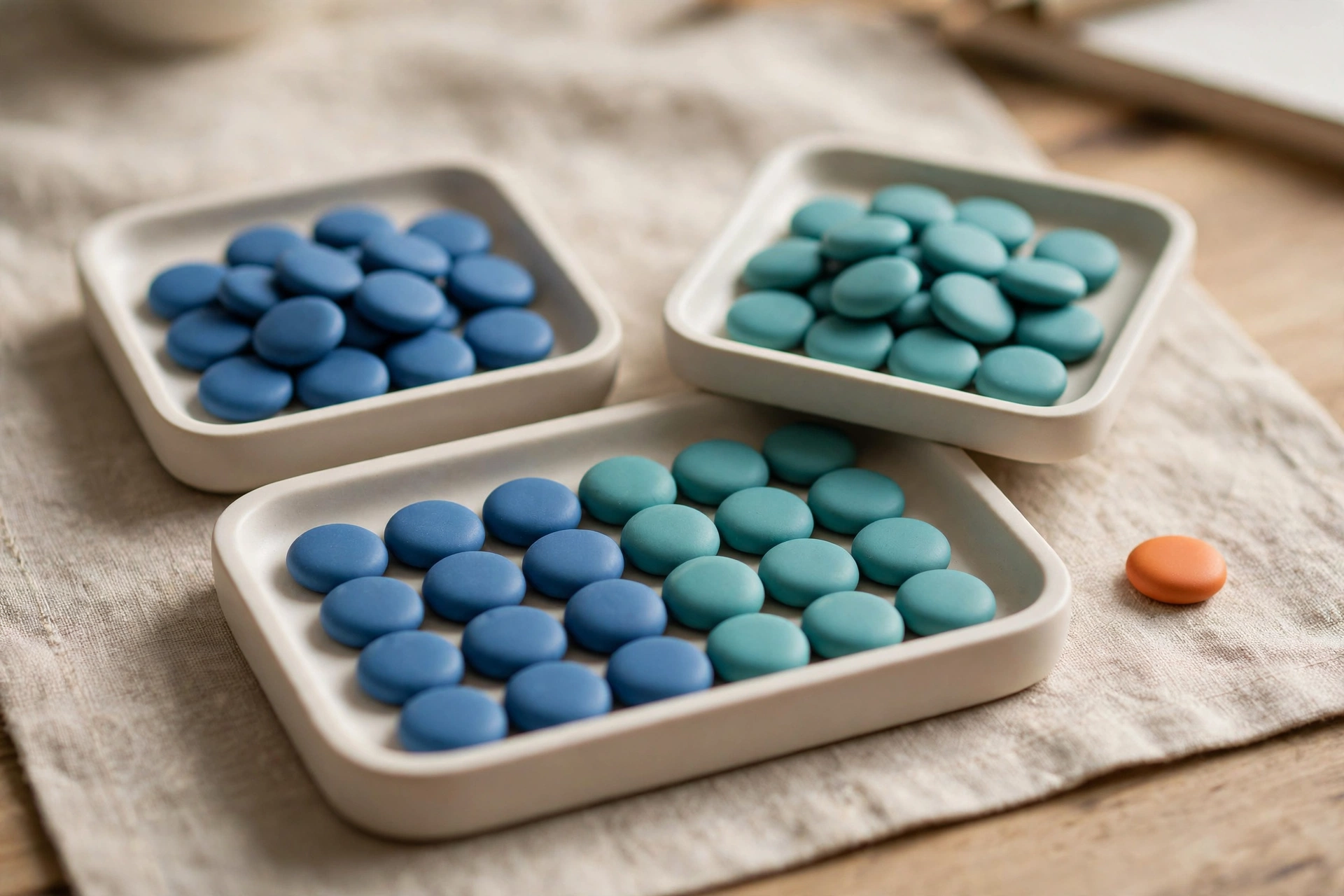 Two square trays of blue and teal tokens converge into a larger tray, with one orange token beside it on a textured cloth.