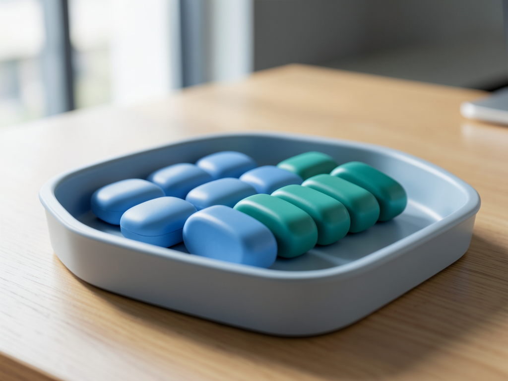 Two rows of blue and teal ceramic tokens converge into a single organized row within a shallow sorting tray on a wooden desk.