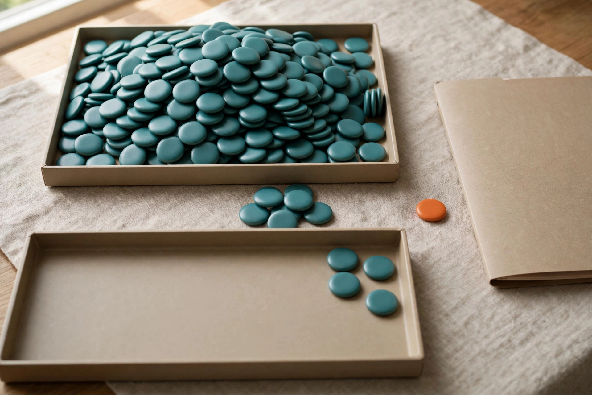 Teal tokens are in two trays, with some tokens between them and one orange token beside a closed folder.