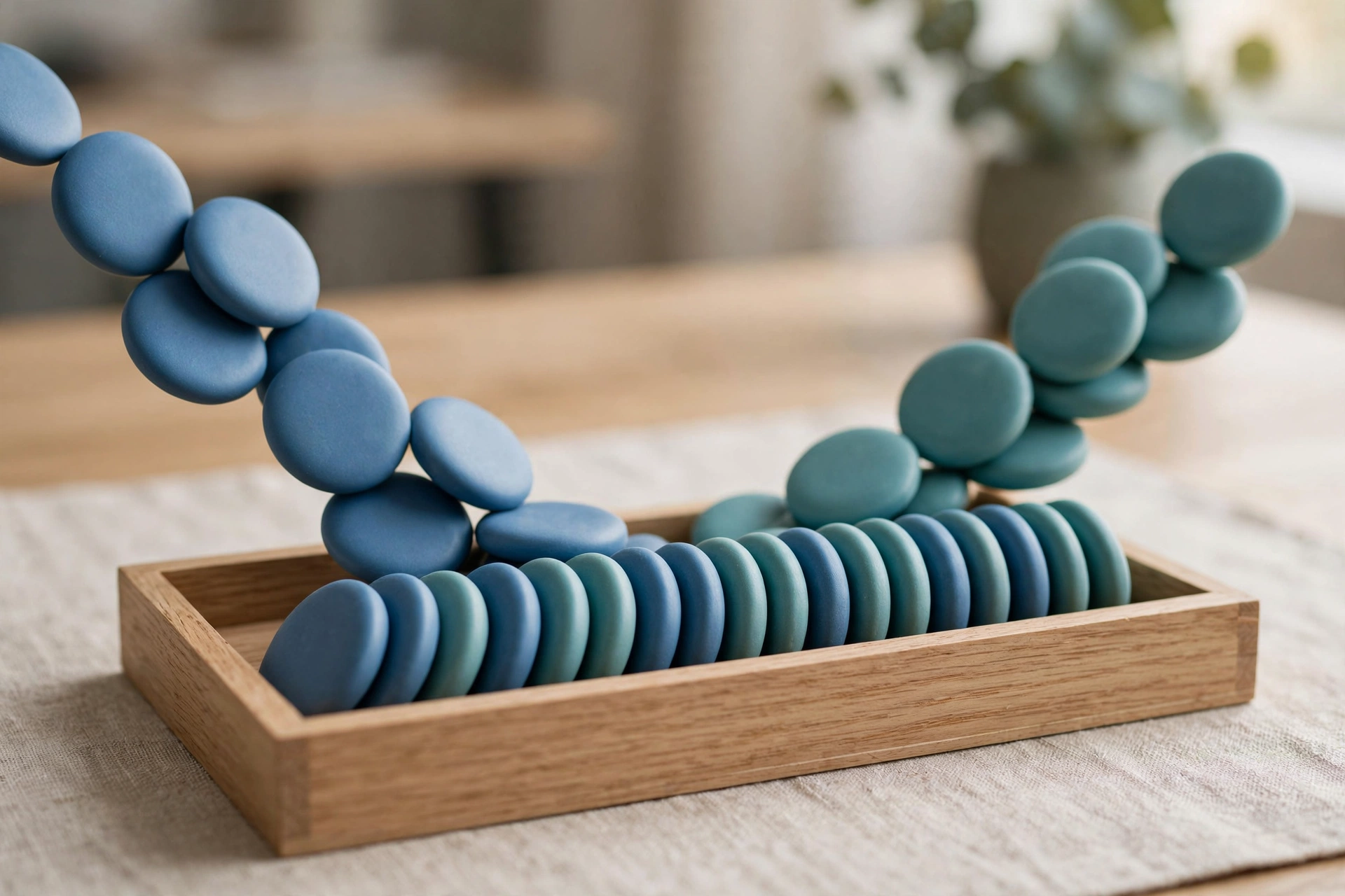 Two streams of blue and teal ceramic tokens converge into one neat ordered row inside a central shallow sorting tray.