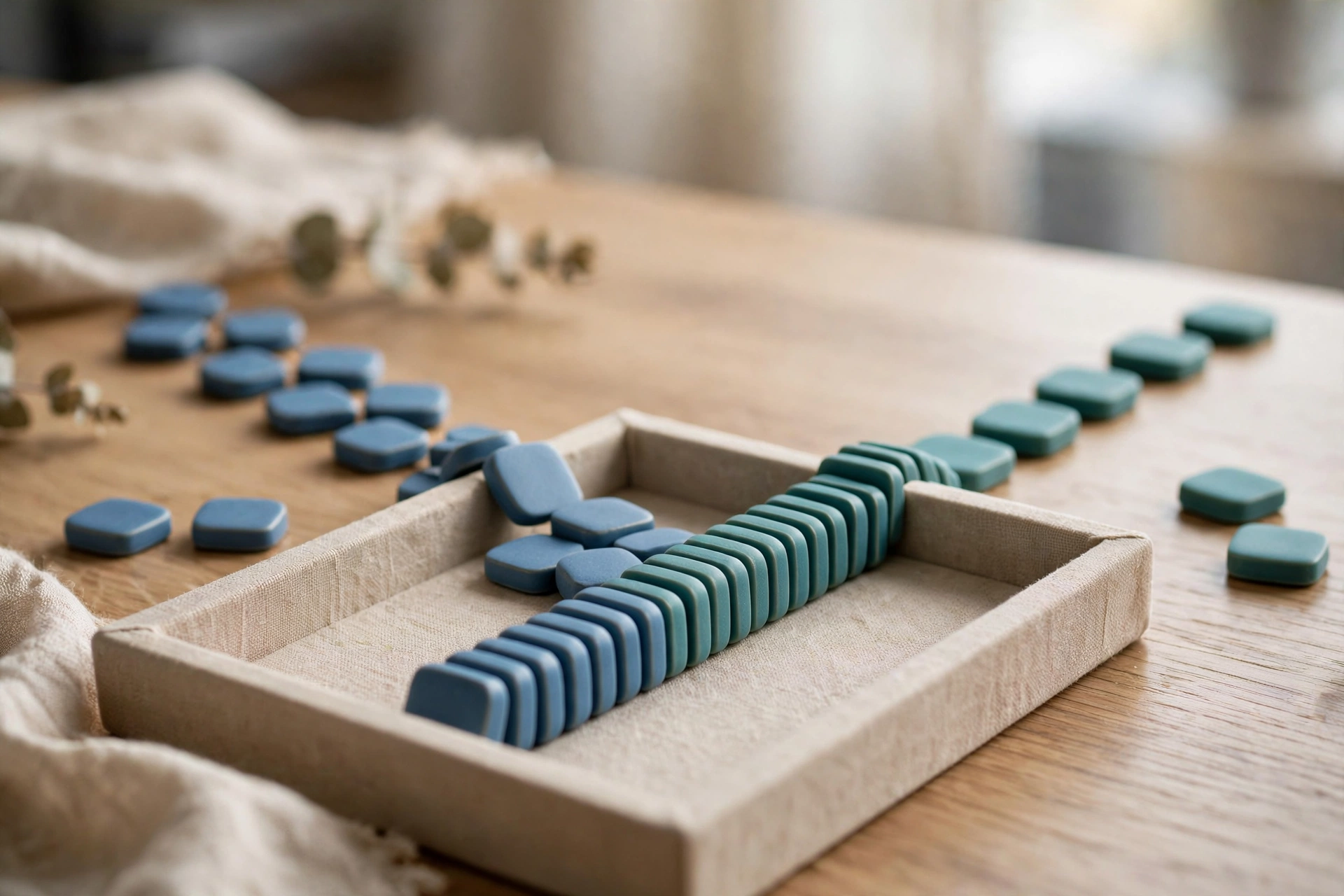 Two streams of blue and teal tokens converge into a single ordered row within a shallow sorting tray on a wooden surface.