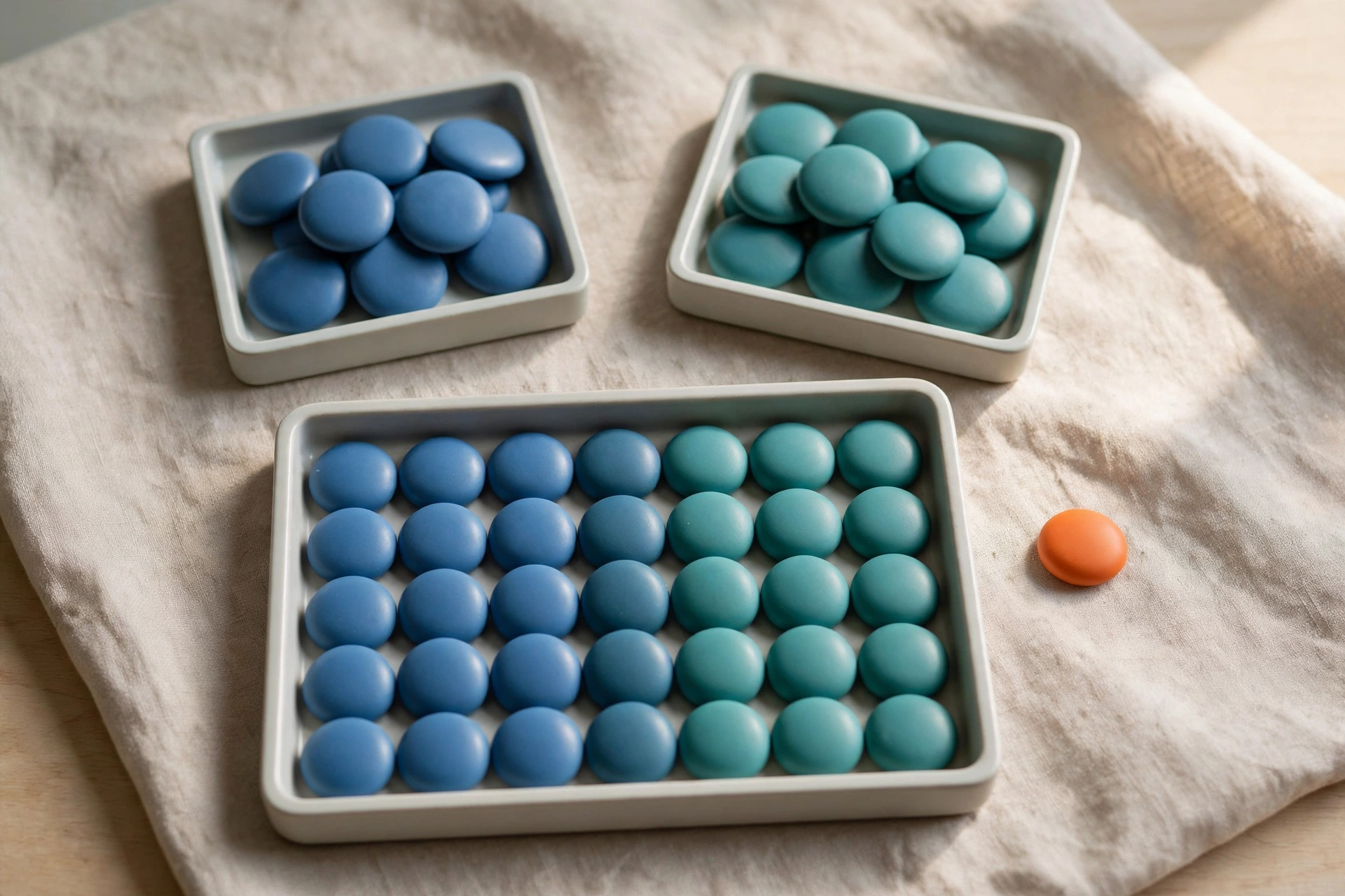 Two square trays of blue and teal tokens feed into a larger rectangular tray, with one orange token beside it.