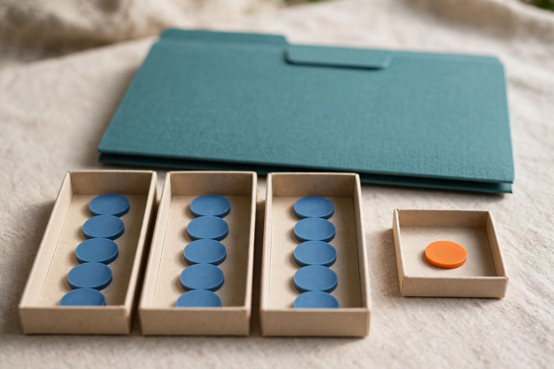 Blue tokens are distributed in three trays, with one orange token in a small separate tray, and a teal folder behind.