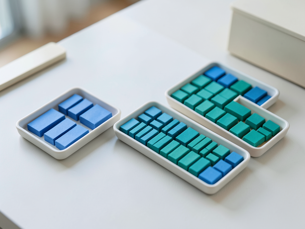 Two trays of blue and teal tokens are shown, with a third tray containing a neat sequence of both colors, symbolizing data consolidation.