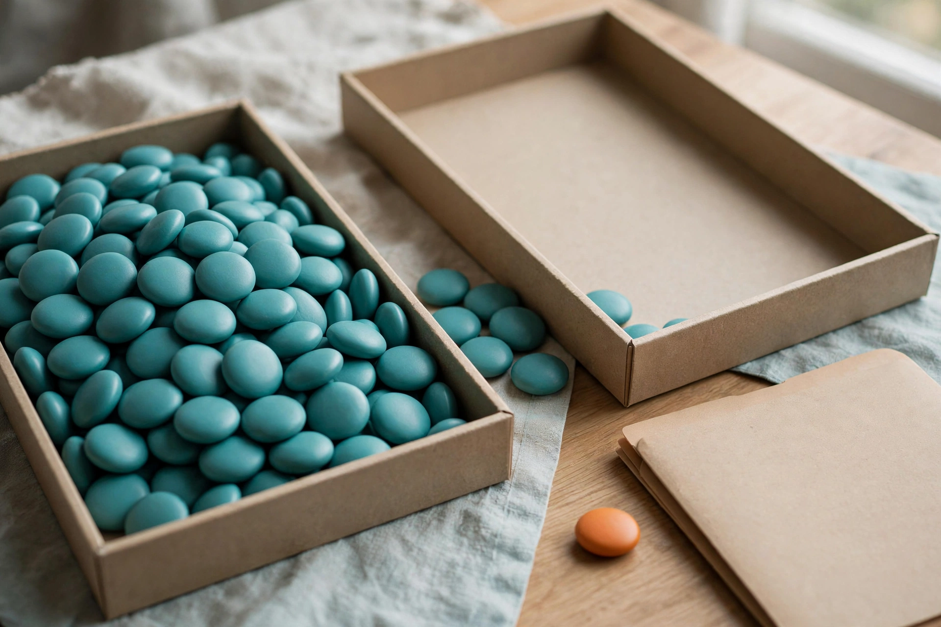 Two cardboard boxes filled with teal tokens are placed on a wooden surface next to a closed brown folder and an orange token.