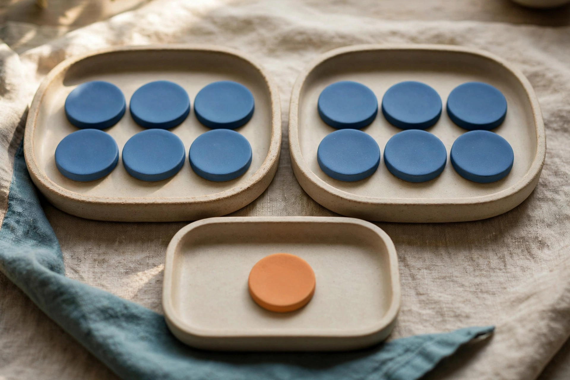 Two shallow trays hold identical blue tokens, while a third tray contains a single orange token, all arranged on a textured cloth.