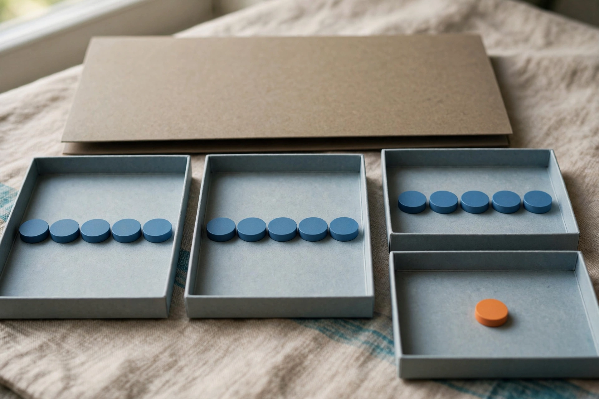 Four shallow office trays with blue tokens arranged in sequence, and a fourth tray with a single orange token.