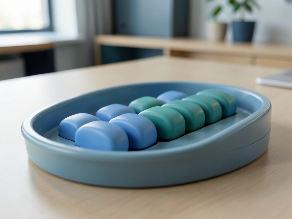 Two rows of blue and teal tokens are arranged in a sorting tray on a wooden desk, symbolizing data consolidation.