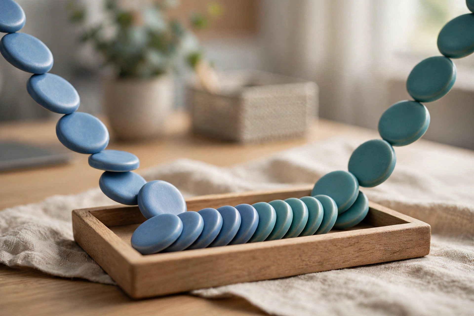 Two strands of blue and teal ceramic tokens converge into a single ordered row within a wooden sorting tray on a desk.