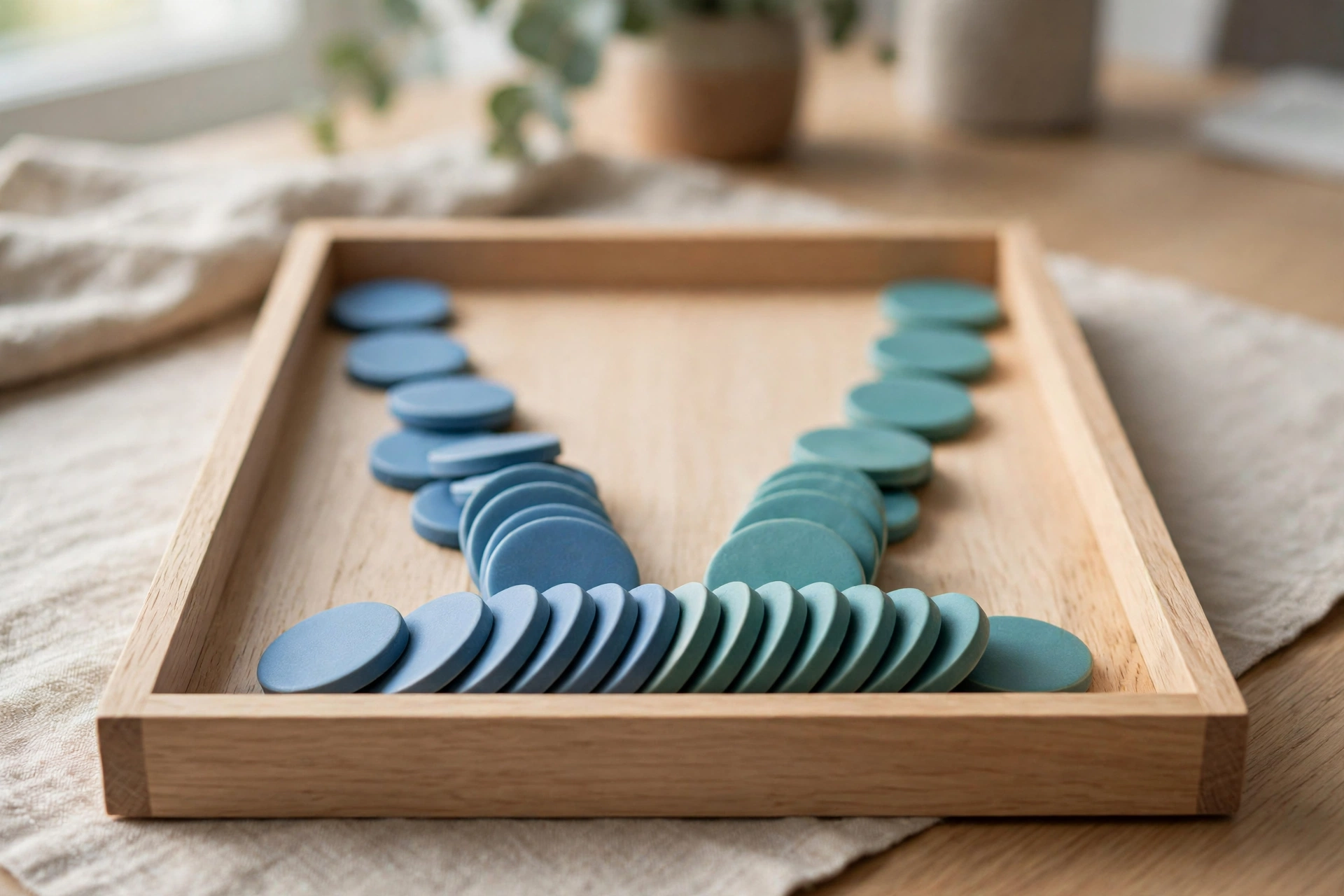Two separate rows of blue and teal ceramic tokens converge into a single ordered row within a wooden sorting tray on a desk.