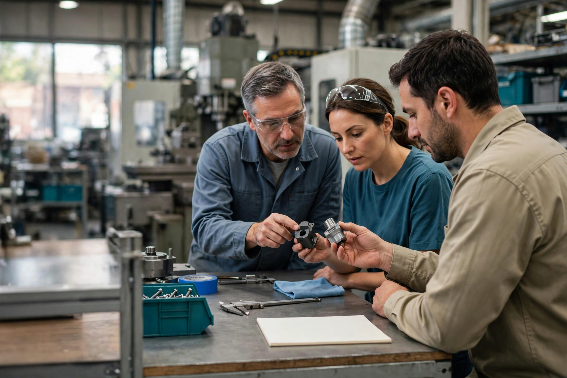 Three people in a manufacturing setting compare machined parts at a workbench.