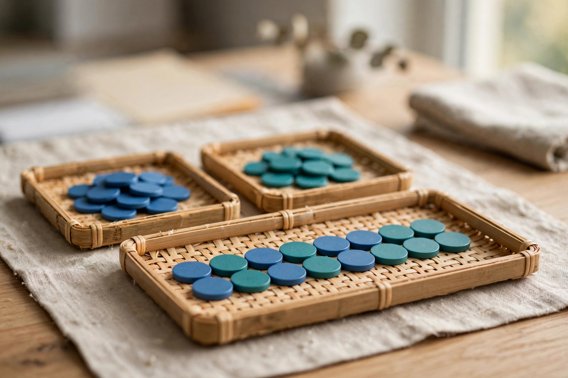 Three woven trays with blue and teal tokens are arranged on a table, symbolizing the integration of separate business records.