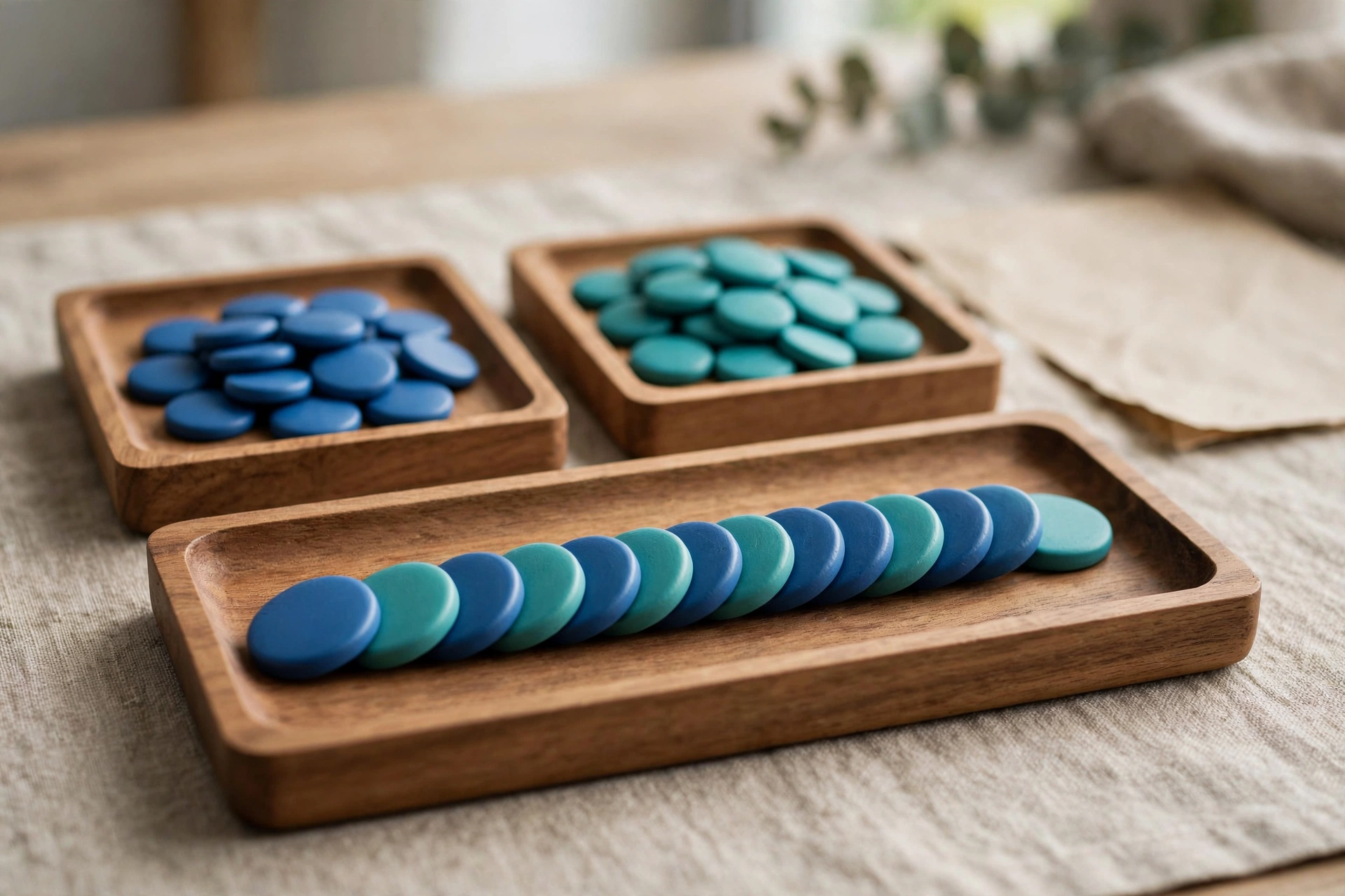 Two trays of blue and teal tokens merge into a single tray of sorted tokens, representing data integration.