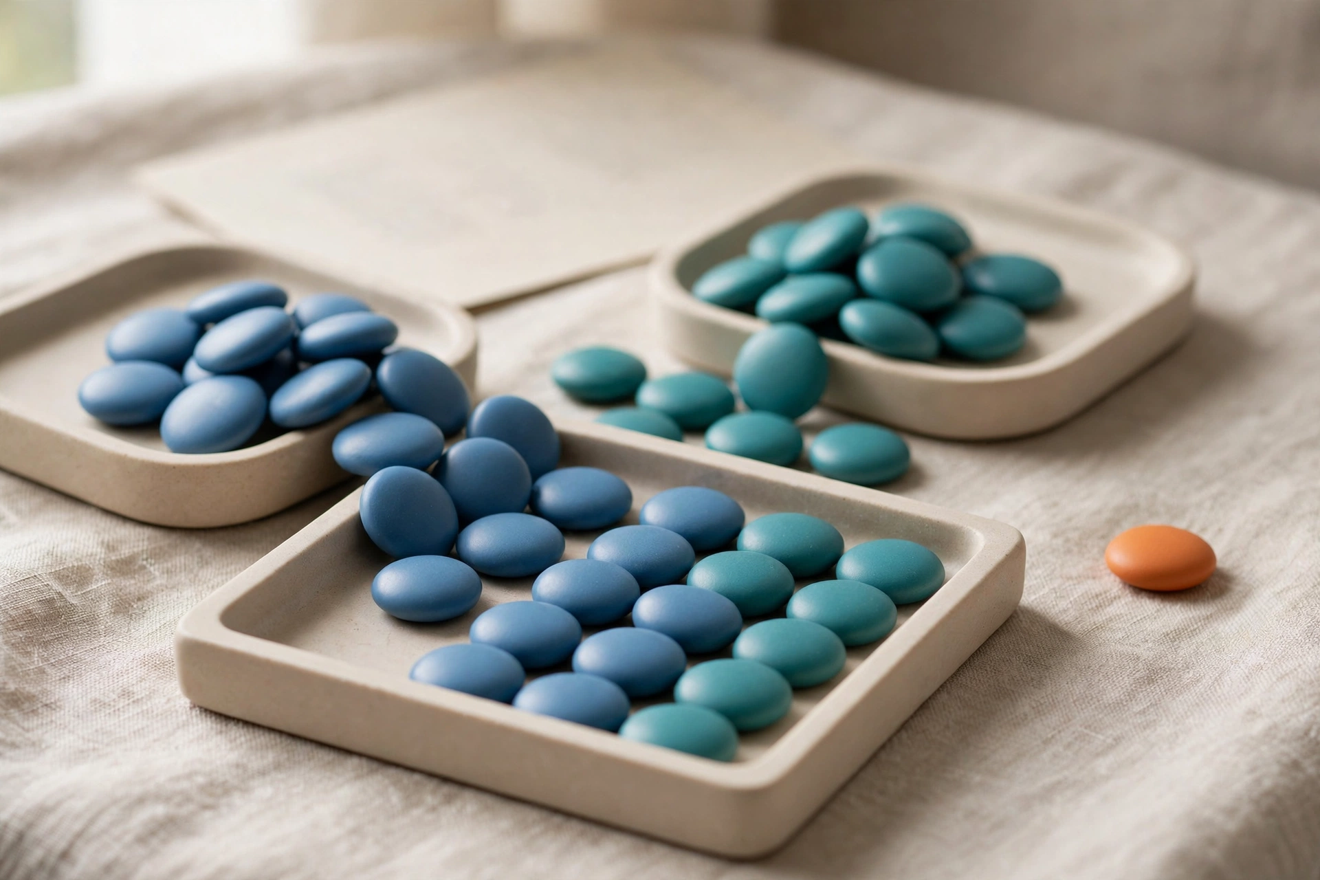 Two trays of blue and teal tokens converge into a single organized tray, with one orange token nearby.
