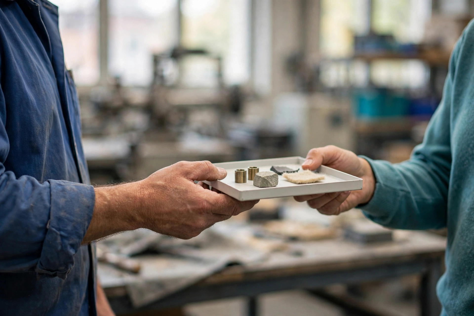 A manufacturing worker in a blue jacket hands a sample tray with materials to a customer in a teal sweater in a workshop.