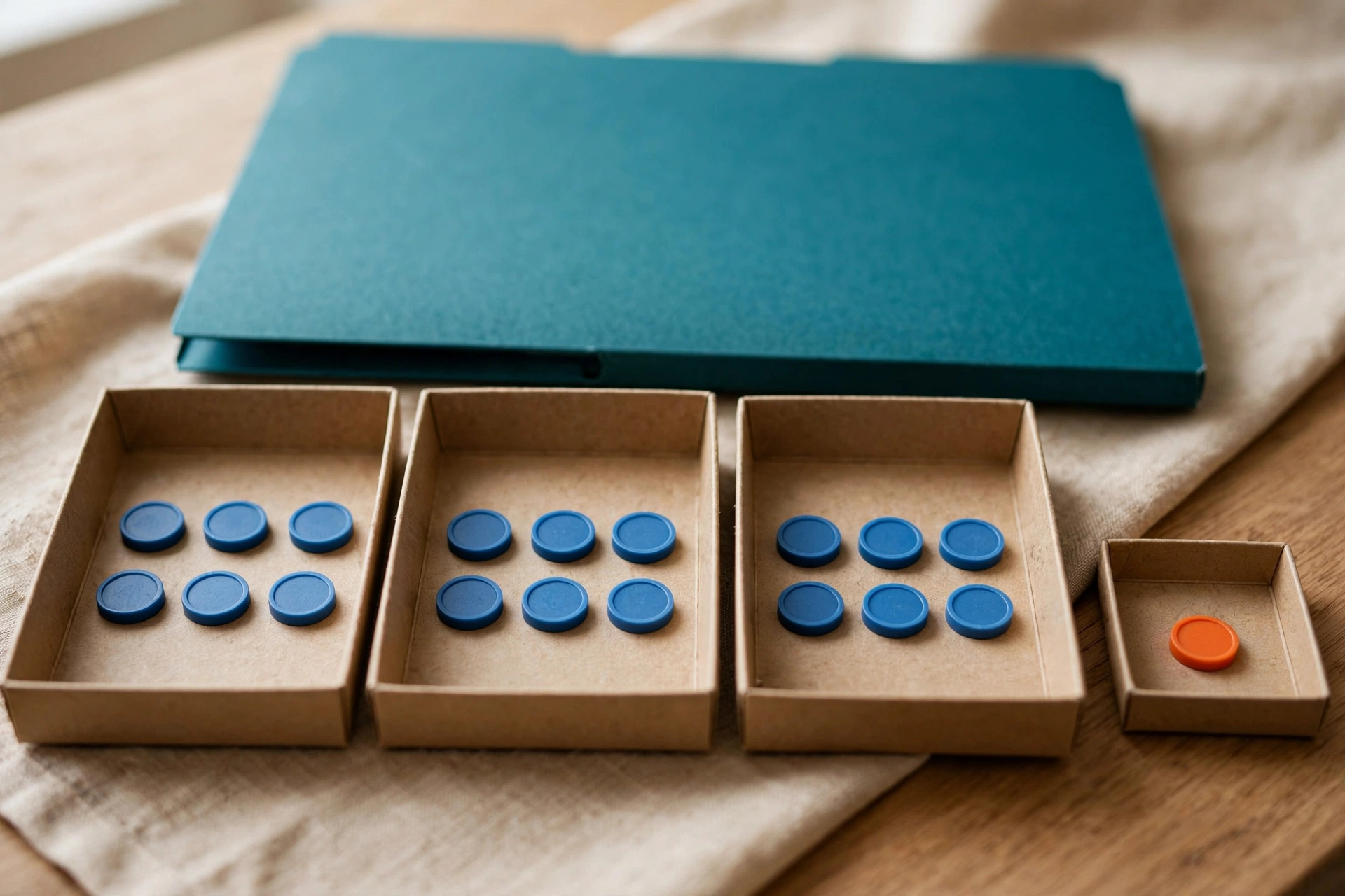 Three cardboard trays hold blue tokens, and a fourth small tray holds a single orange token, with a teal folder behind.