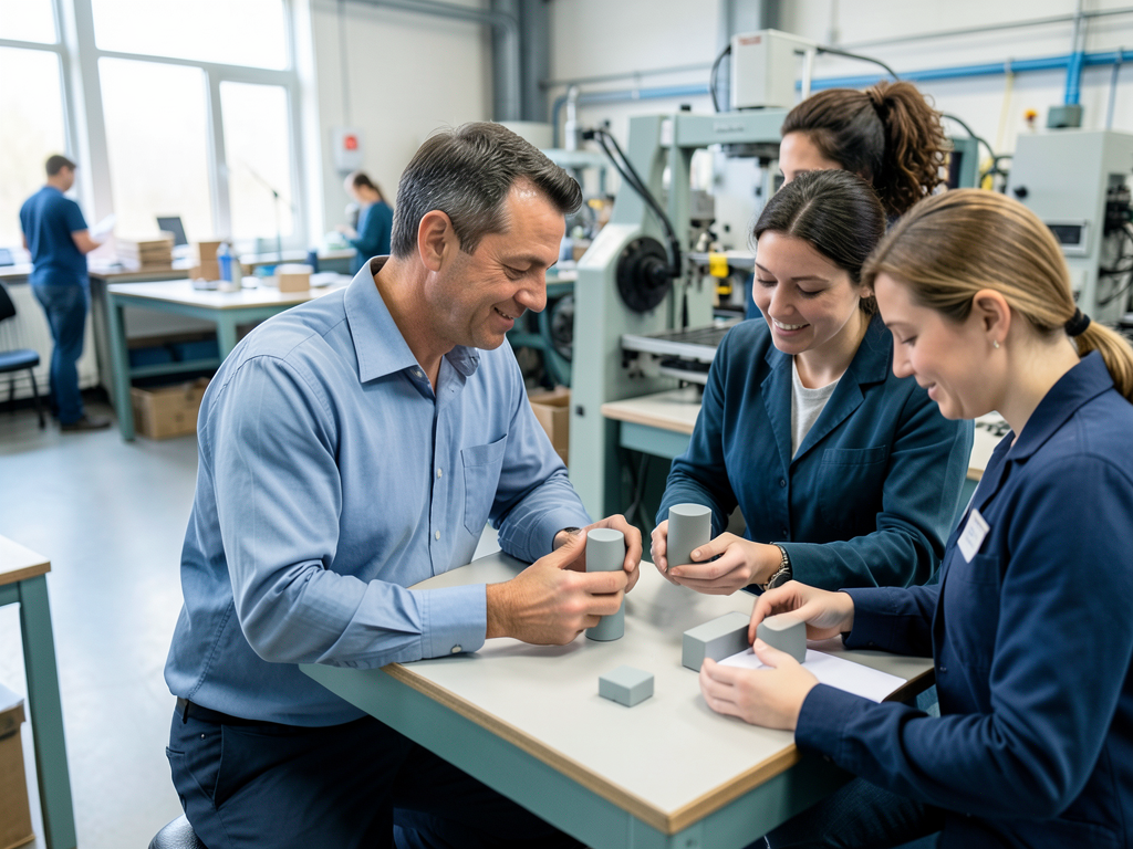 A man and three women in a manufacturing setting compare cylindrical and rectangular sample parts at a table with machinery in the background.