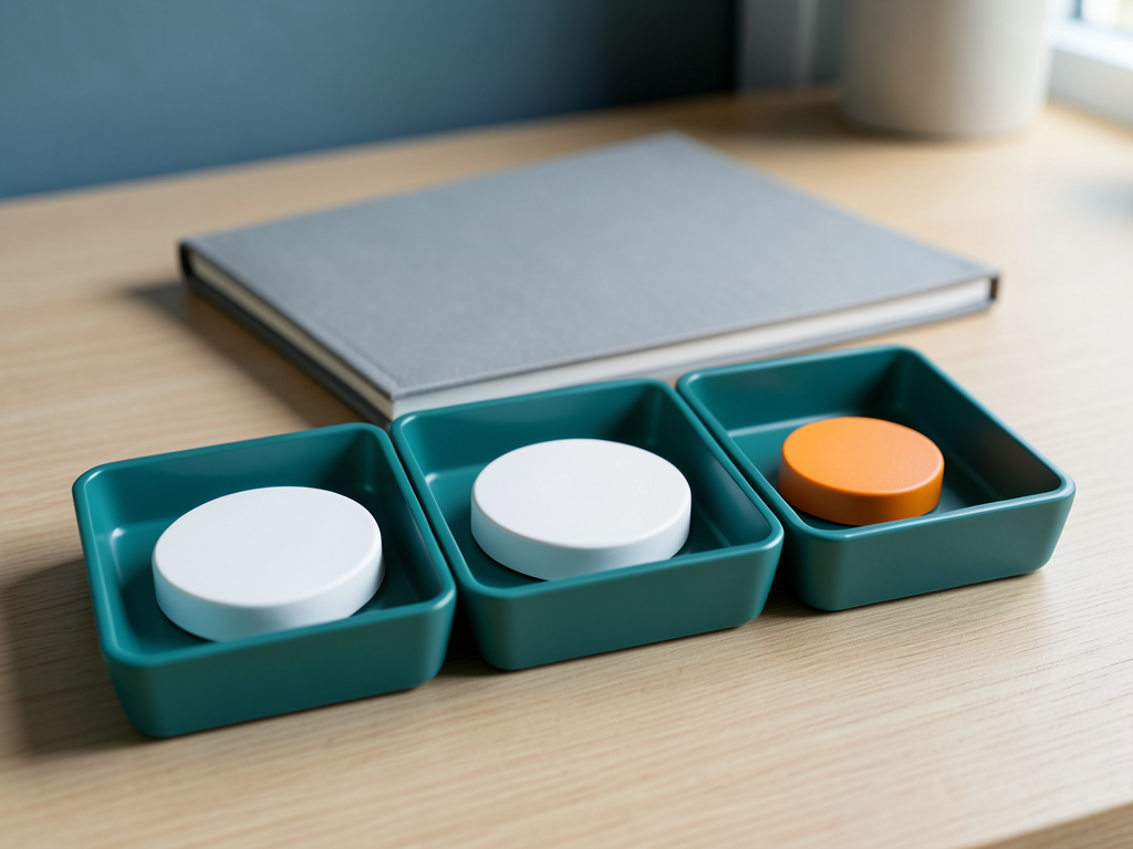 Three teal sorting trays with blank tokens and one orange token sit on a desk next to a closed gray folder.