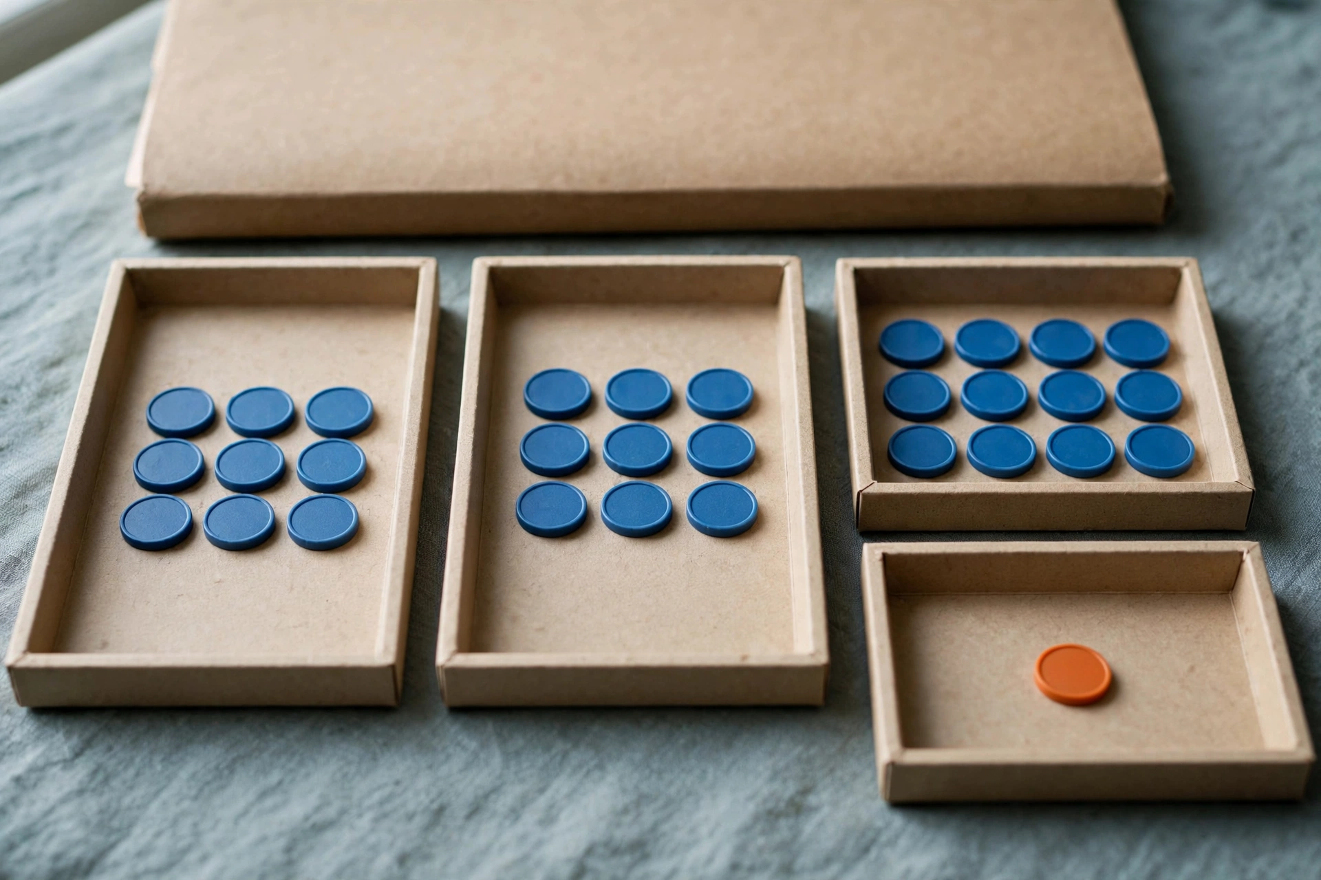 Three shallow office trays contain blue tokens, progressing from left to right, with an orange token in a fourth tray.