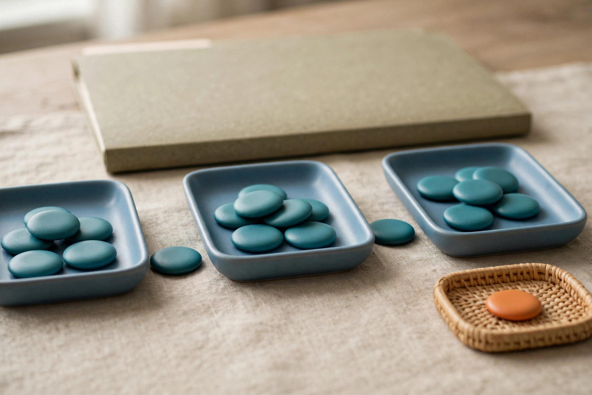 Three blue trays with teal tokens in a sequence, and a small woven tray with an orange token, on a neutral cloth.