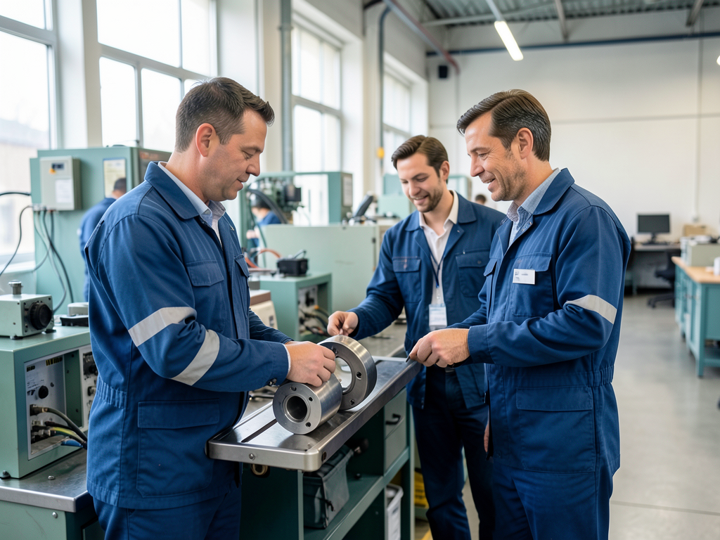Three men in a factory work cell inspect a metal component while wearing blue jumpsuits.