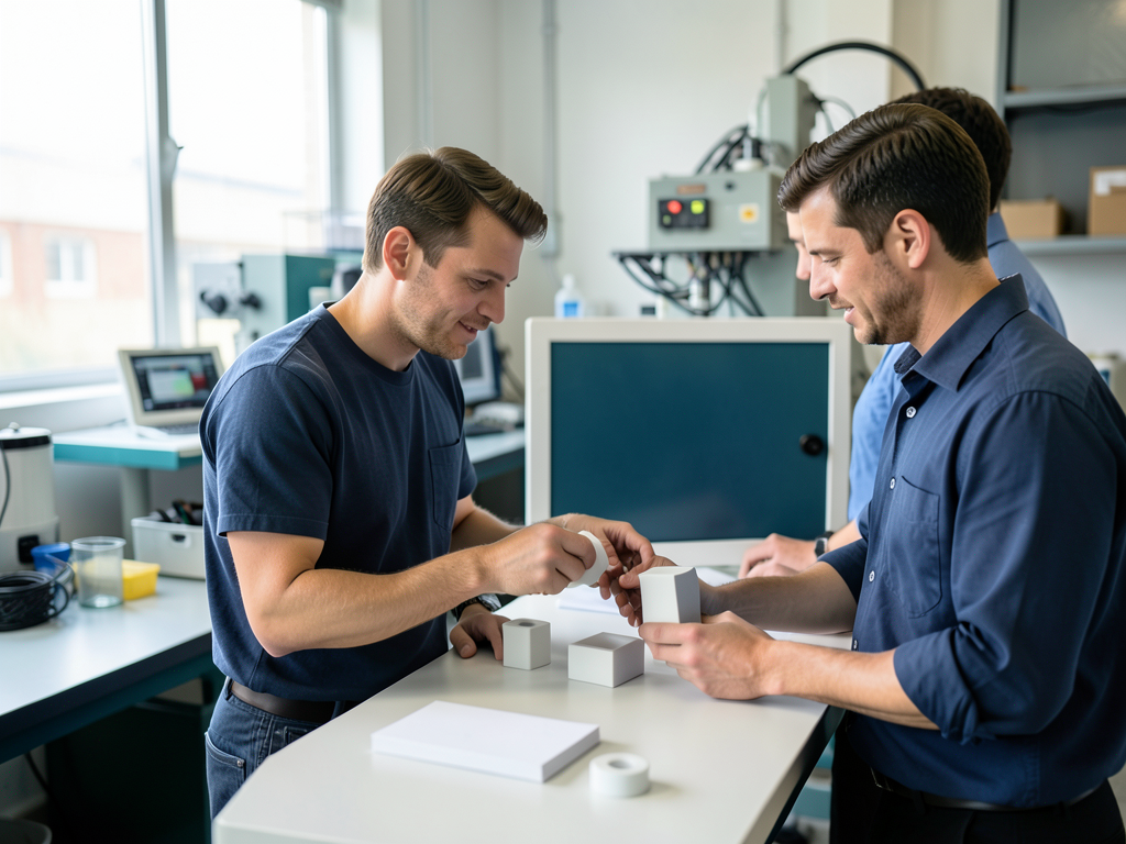 Three men examine small white cubes at a clean assembly station, with machinery in the background.