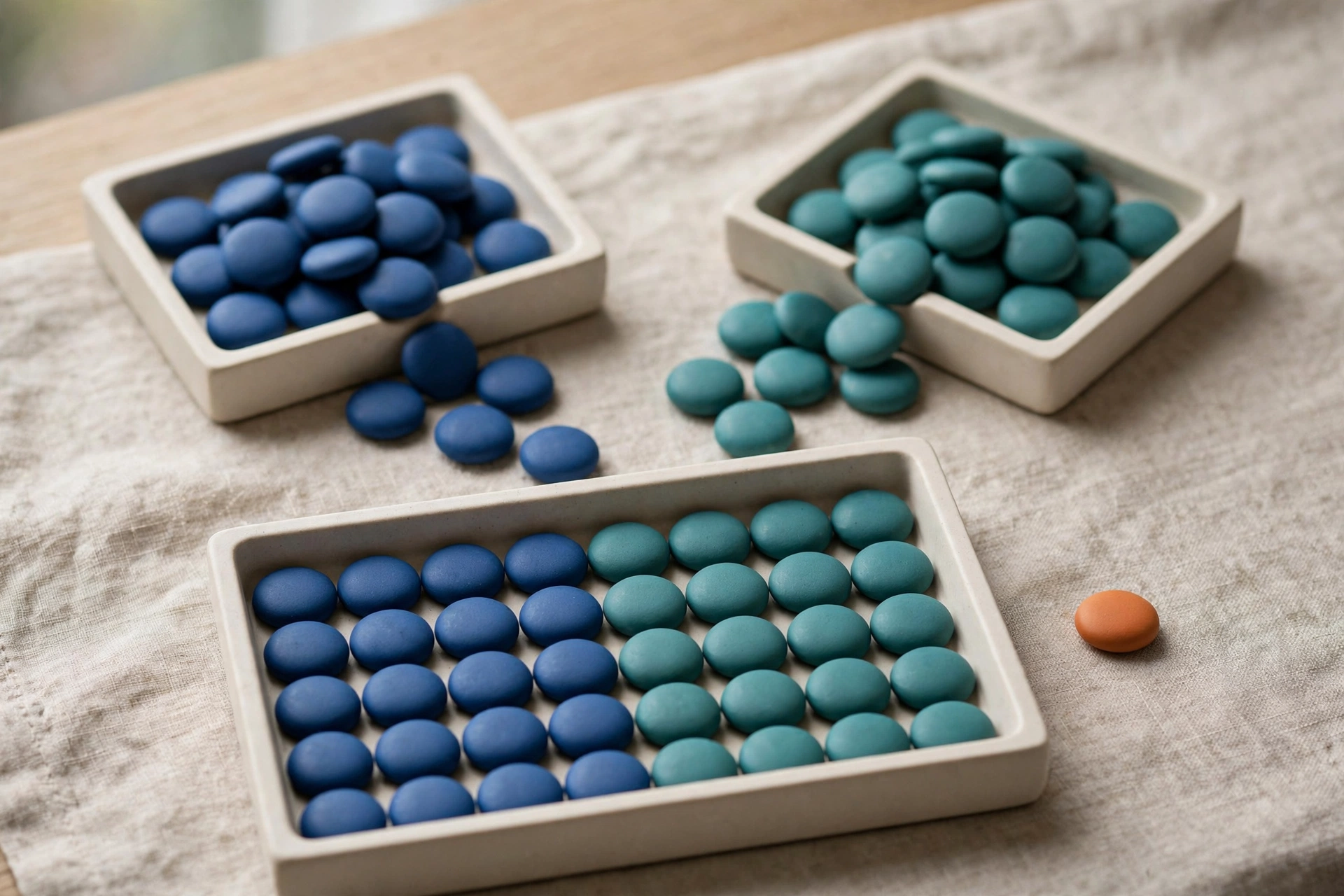 Two square trays of blue and teal tokens converge into a larger rectangular tray, with one orange token beside it.