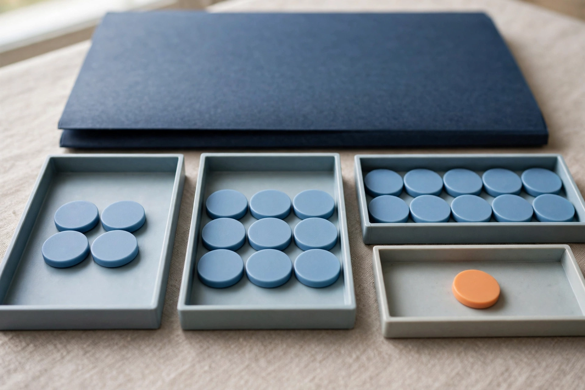 Four shallow office trays with blue tokens in three and an orange token in the fourth, with a closed folder behind.