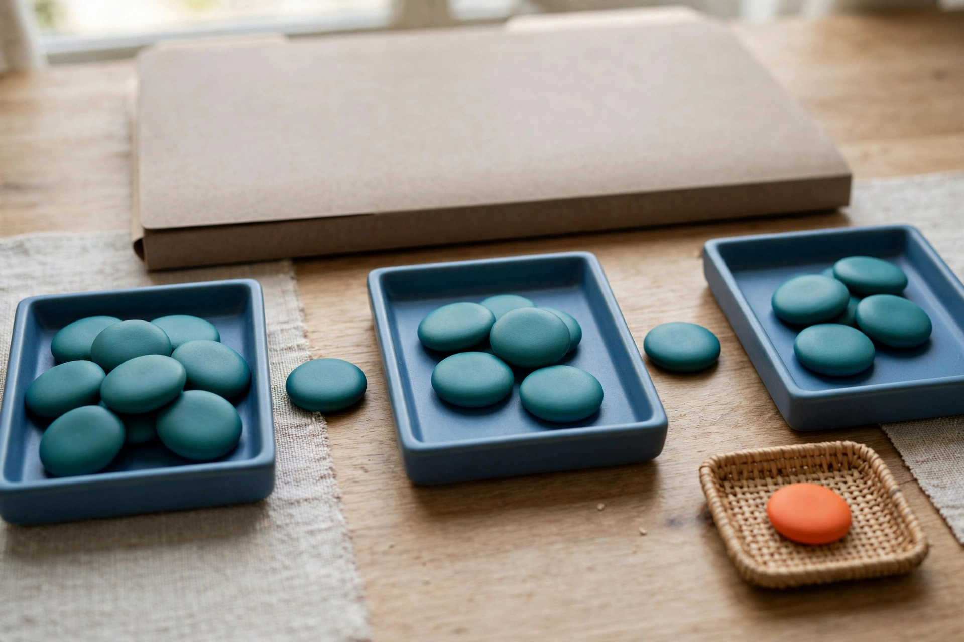 Three blue trays with teal tokens in a sequence, a small basket with an orange token, and a closed folder on a wooden surface.