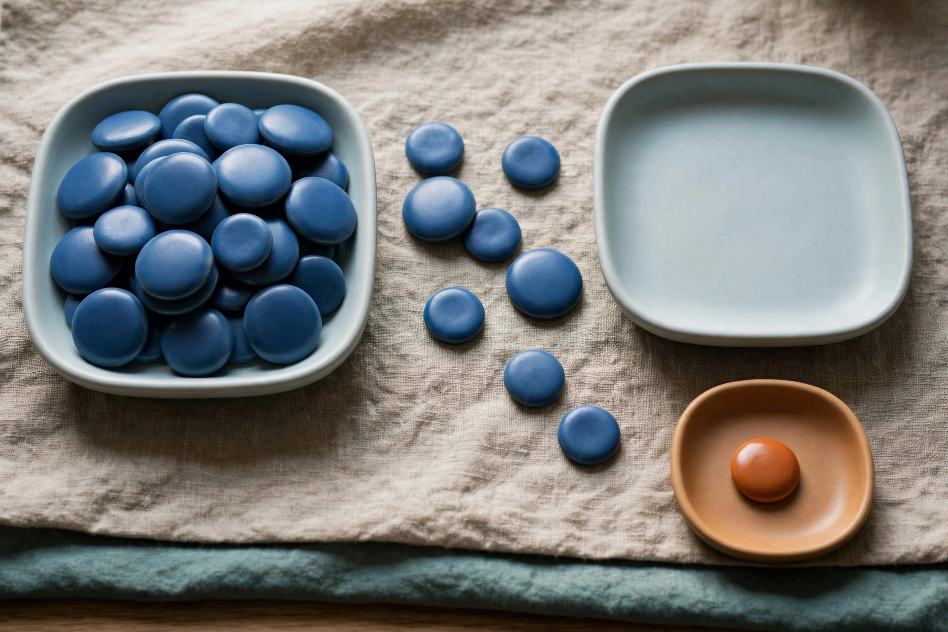Three shallow trays with blue tokens and one small tray with an orange token are arranged on a textured cloth.