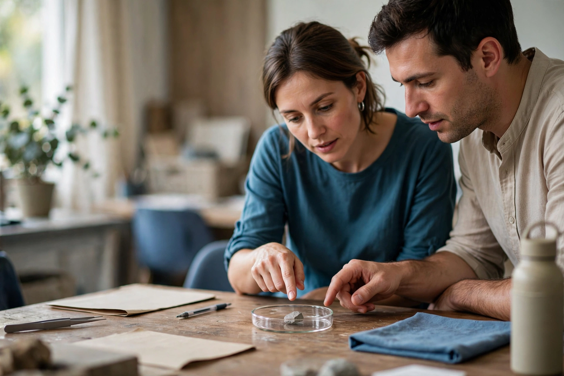 A woman in a blue shirt and a man in a beige shirt lean over a table, examining a small rock in a petri dish.