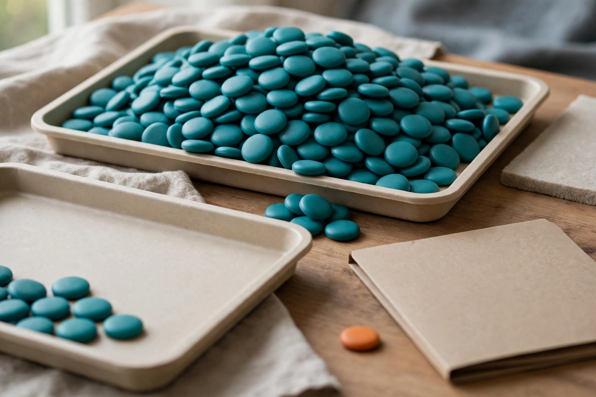 Teal tokens are piled in a tray and scattered in another, with a few tokens between them and one orange token near a closed folder.