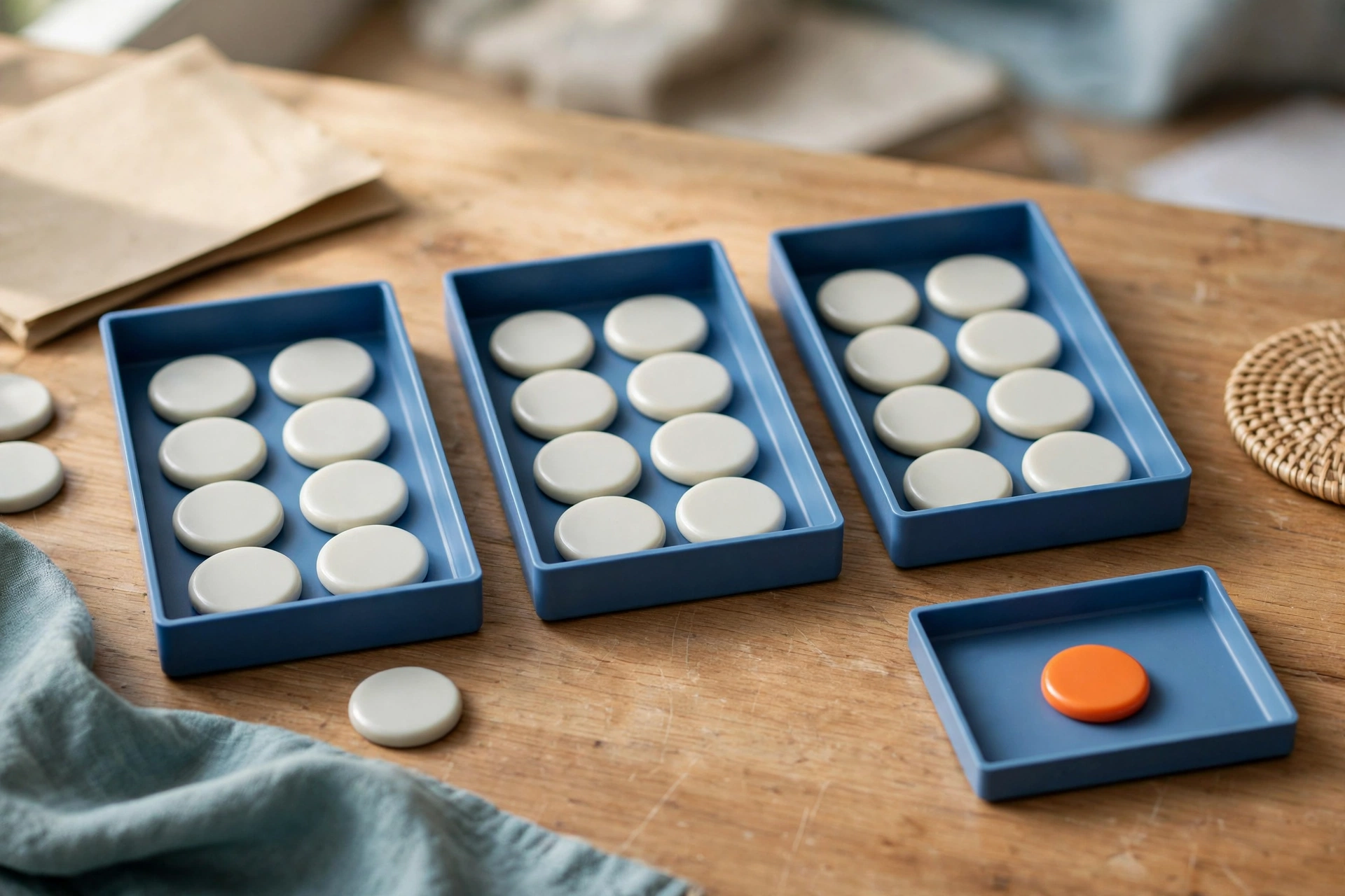 Three blue sorting trays hold white tokens, with a fourth blue tray containing a single orange token on a wooden desk.