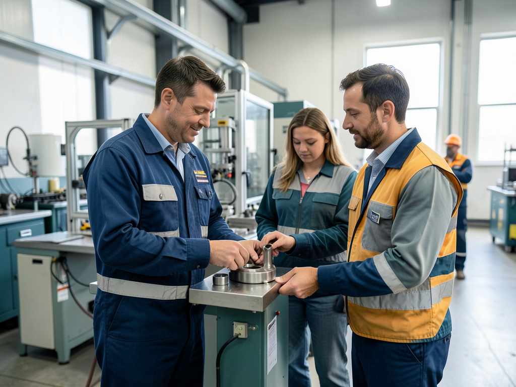 Three colleagues, two men and one woman, inspect a metal component in a factory work cell.