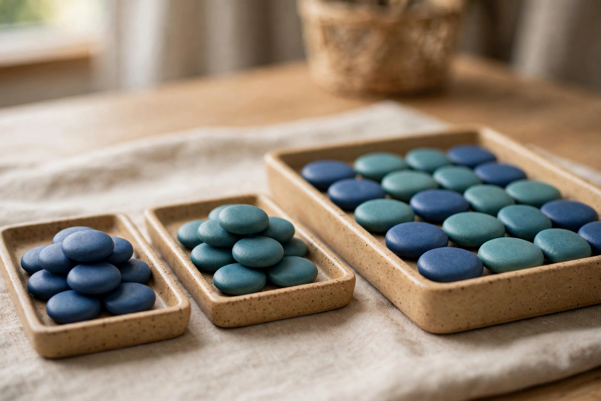 Three ceramic trays with blue and teal tokens are arranged on a neutral cloth, symbolizing data consolidation.