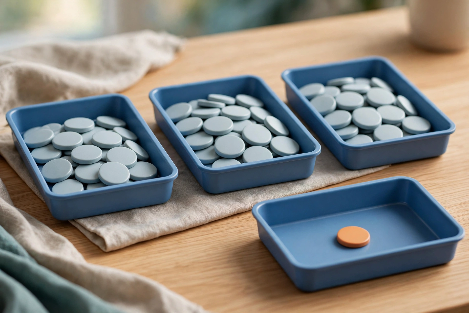 Three blue sorting trays hold light blue tokens, with a fourth tray containing a single orange token on a wooden surface.