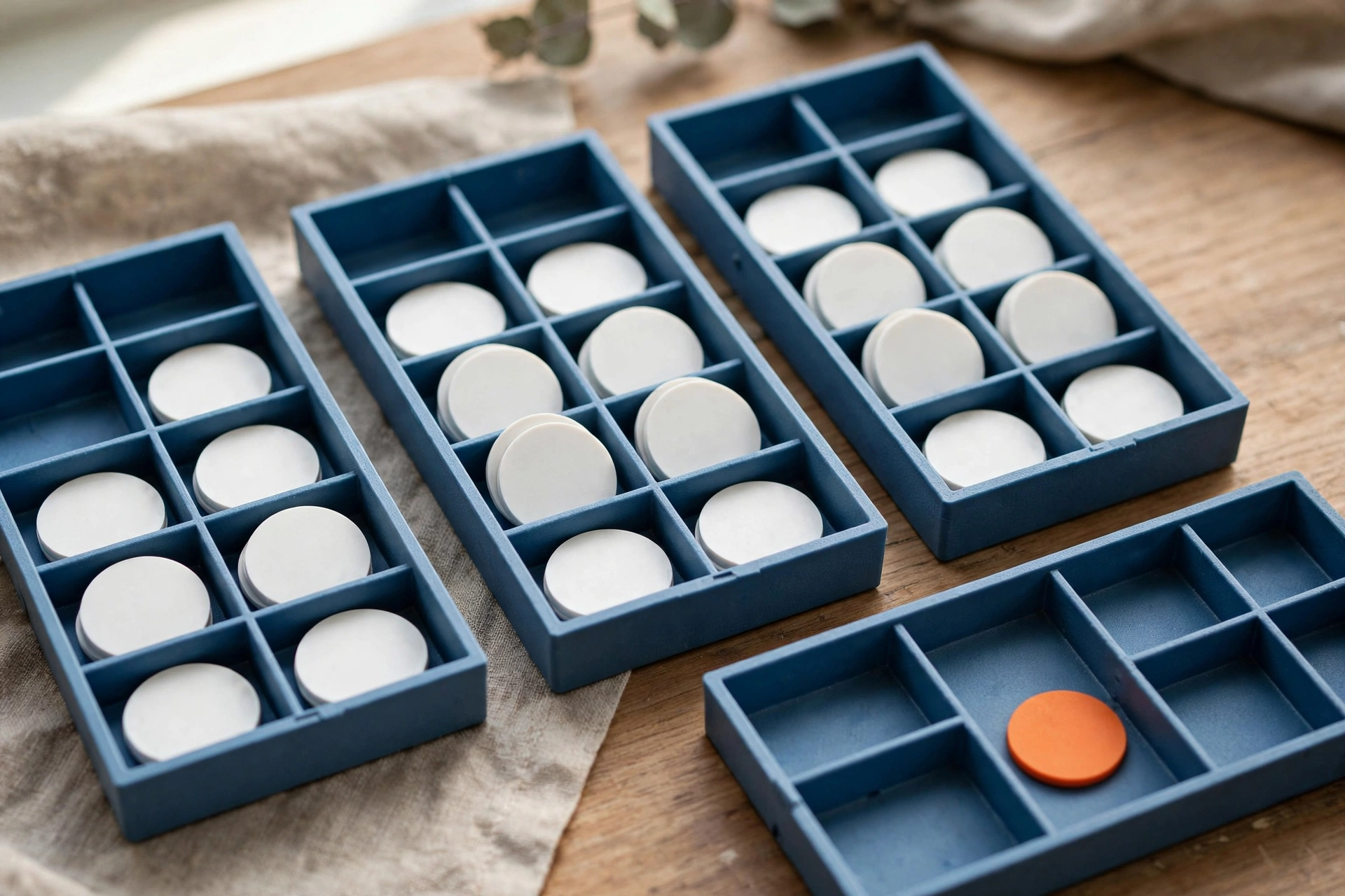 Three blue sorting trays with white tokens are arranged in sequence, with a fourth tray containing a single orange token.