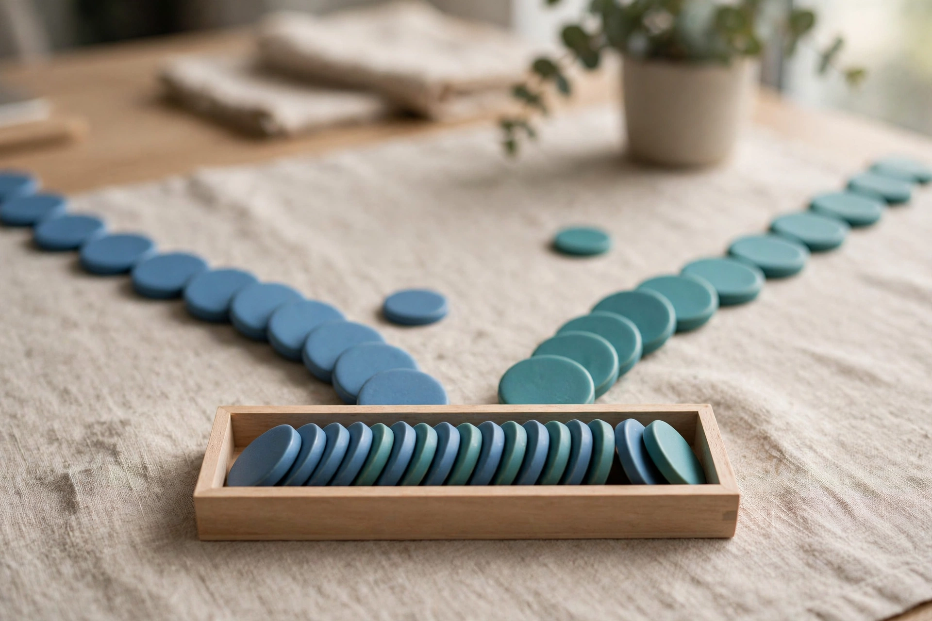 Two streams of blue and teal tokens converge into a single row in a wooden sorting tray on a neutral cloth.