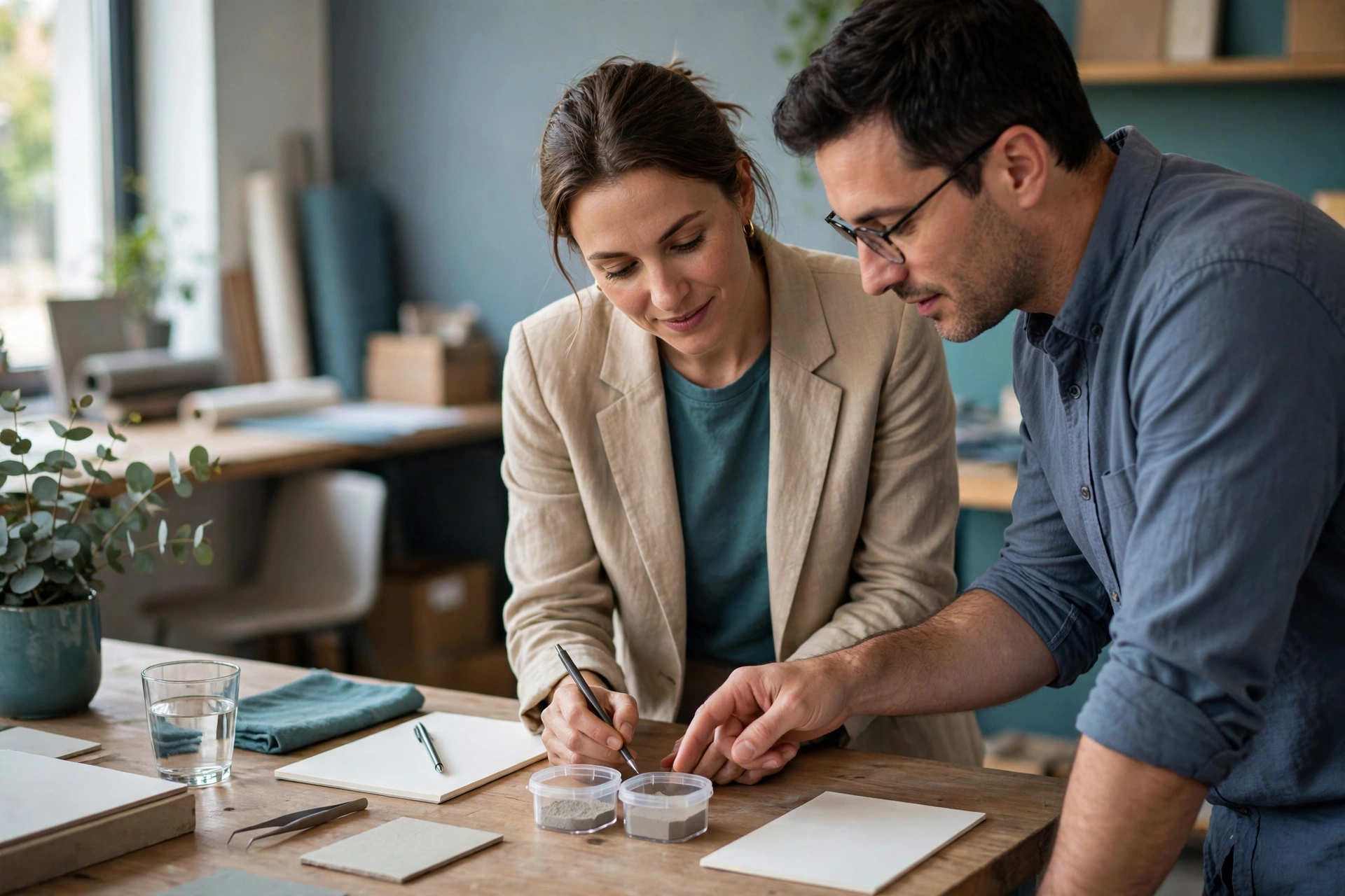 A woman in a beige blazer and a man in a blue shirt review materials at a wooden table in a workshop.