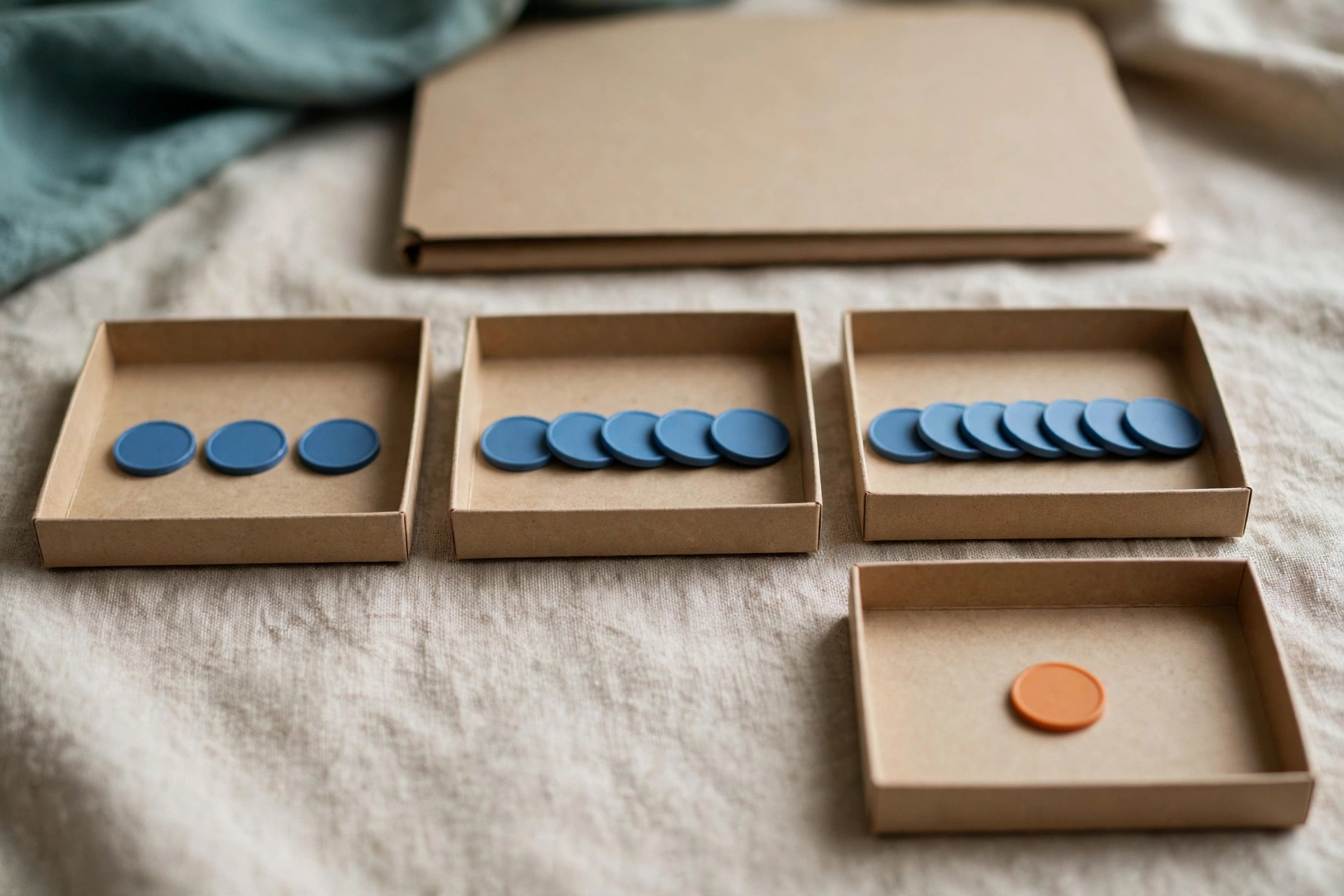 Three cardboard trays with blue tokens progress from left to right, with a fourth tray holding a single orange token, and a closed folder behind.